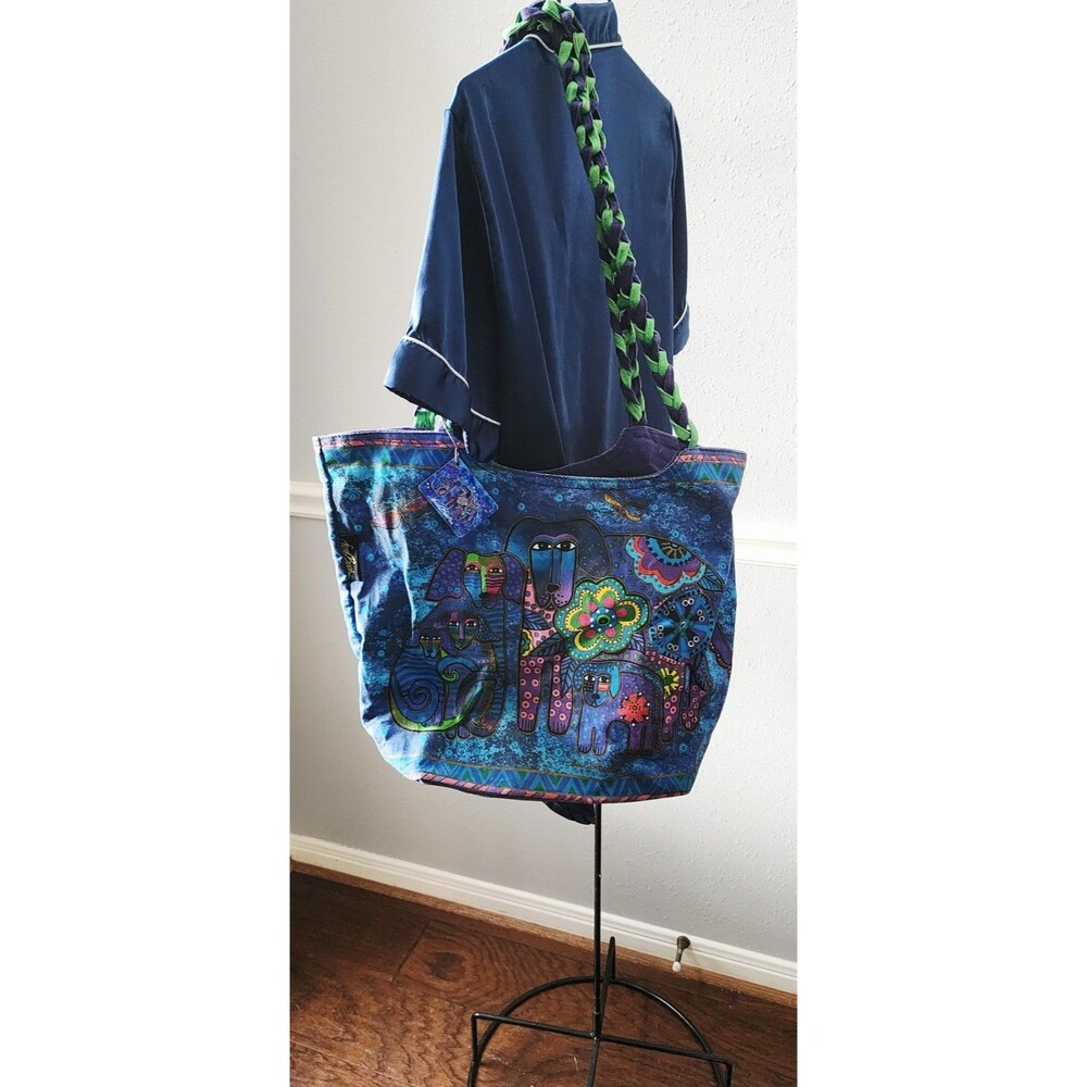 Laurel Burch Canine Family Canvas Tote Purse Bag Colorful Blue Dogs Whimsical